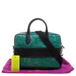 Pre Owned Etro Green Paisley Embossed Leather Laptop Bag