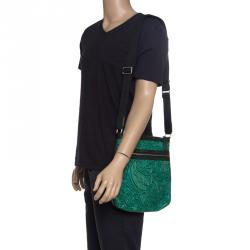 Pre Owned Etro Green Paisley Embossed Leather Messenger Bag