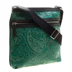 Pre Owned Etro Green Paisley Embossed Leather Messenger Bag