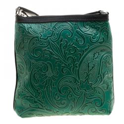 Pre Owned Etro Green Paisley Embossed Leather Messenger Bag