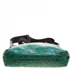 Pre Owned Etro Green Paisley Embossed Leather Messenger Bag