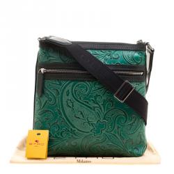 Pre Owned Etro Green Paisley Embossed Leather Messenger Bag