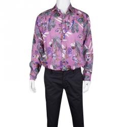 Pre Owned قميص إيترو كتان وردي مورد مطبوع بأكمام طويلة أزرار أمامية XL