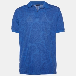 Blue Paisley Print Cotton Pique Polo T-Shirt