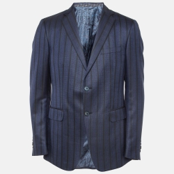 Navy Blue Striped Wool And Silk Single Breasted Blazer