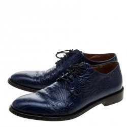 Pre Owned Etro Blue Paisley Embossed Leather Lace Up Derby Size 42