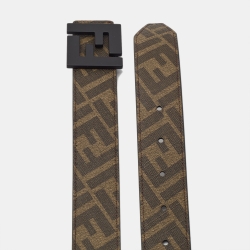 مملوكة مسبقًا Fendi Black/Tobacco Zucca Coated Canvas and Leather FF Reversible Belt 