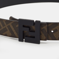 مملوكة مسبقًا Fendi Black/Tobacco Zucca Coated Canvas and Leather FF Reversible Belt 