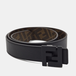 Pre Owned Fendi Black/Tobacco Zucca Coated Canvas and Leather FF Reversible Belt 