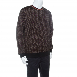 Pre Owned Fendi Black and Yellow Knit Diagonal Logo Printed Jumper L