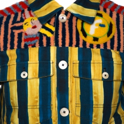 Fendi Yellow & Blue Stripe Print Canvas Fur Detail Jacket S