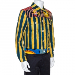 Fendi Yellow & Blue Stripe Print Canvas Fur Detail Jacket S