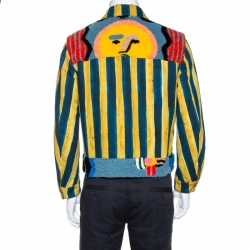 Fendi Yellow & Blue Stripe Print Canvas Fur Detail Jacket S