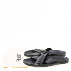 Fendi Black Leather Cross Strap Slipper Sandals Size 43