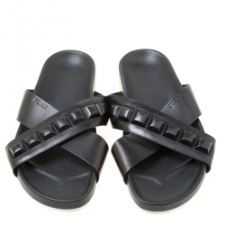 Fendi Black Leather Cross Strap Slipper Sandals Size 43