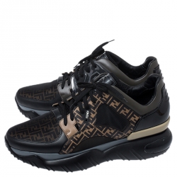 Pre Owned حذاء رياضي فندي جلد لامع وشبك وجلد مونوغرامي بنقوش زوكا بني / أسود مقاس 45