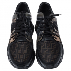 Pre Owned حذاء رياضي فندي جلد لامع وشبك وجلد مونوغرامي بنقوش زوكا بني / أسود مقاس 45