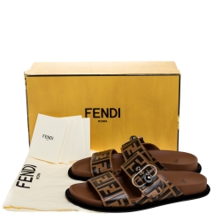 Fendi Dark Brown Zucca Leather Slide Sandals Size 40