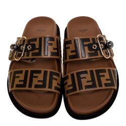 Fendi Dark Brown Zucca Leather Slide Sandals Size 40