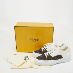 Fendi White/Brown FF Canvas and Leather Motif Lace Up Sneakers Size 44