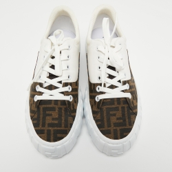Fendi White/Brown FF Canvas and Leather Motif Lace Up Sneakers Size 44