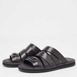 Fendi Black Leather Crisscross Flat Slides Size 41