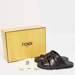 Fendi Black Leather Crisscross Flat Slides Size 41