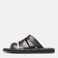 Fendi Black Leather Crisscross Flat Slides Size 41