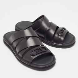 Fendi Black Leather Crisscross Flat Slides Size 41