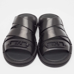 Fendi Black Leather Crisscross Flat Slides Size 41