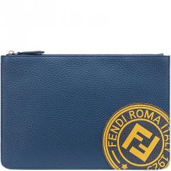 Pre Owned Fendi Blue Roman Leather Slim Zipped Pouch