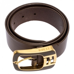 Pre Owned Fendi Khaki Leather Logo Buckle Belt 90CM