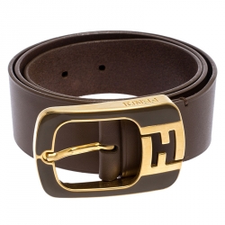 Pre Owned Fendi Khaki Leather Logo Buckle Belt 90CM