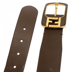 Pre Owned Fendi Khaki Leather Logo Buckle Belt 90CM