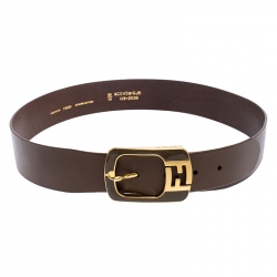 Pre Owned Fendi Khaki Leather Logo Buckle Belt 90CM