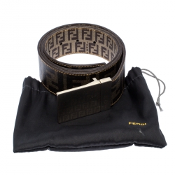  Fendi Brown/Beige Zucca Coated Canvas Reversible Buckle Belt 90CM