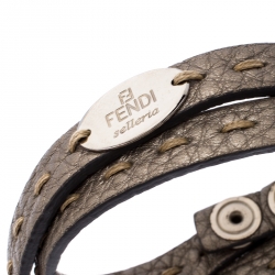 Pre Owned Fendi Selleria Metallic Leather Silver Tone Double Wrap Bracelet