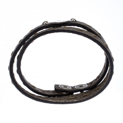 Pre Owned Fendi Selleria Metallic Leather Silver Tone Double Wrap Bracelet