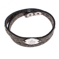 Pre Owned Fendi Selleria Metallic Leather Silver Tone Double Wrap Bracelet