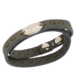 Pre Owned Fendi Selleria Grey Leather Silver Tone Double Wrap Bracelet