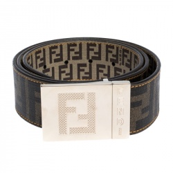 Pre Owned Fendi Tobacco Zucca Coated Canvas Reversible Plaque Buckle Belt 95CM