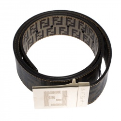 Pre Owned Fendi Tobacco Zucca Coated Canvas Reversible Plaque Buckle Belt 95CM