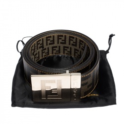 Pre Owned Fendi Tobacco Zucca Coated Canvas Reversible Plaque Buckle Belt 95CM