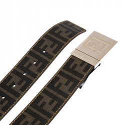 Pre Owned Fendi Tobacco Zucca Coated Canvas Reversible Plaque Buckle Belt 95CM