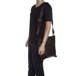 Fendi Dark Brown Woven Embossed Leather Flat Messenger Bag