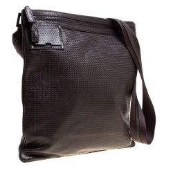Fendi Dark Brown Woven Embossed Leather Flat Messenger Bag