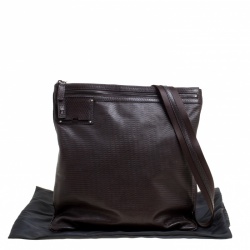 Fendi Dark Brown Woven Embossed Leather Flat Messenger Bag