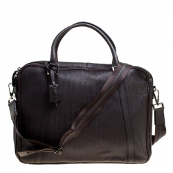 Fendi Dark Brown Woven Embossed Leather Laptop Bag