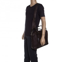 Fendi Dark Brown Woven Embossed Leather Laptop Bag
