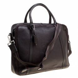 Fendi Dark Brown Woven Embossed Leather Laptop Bag